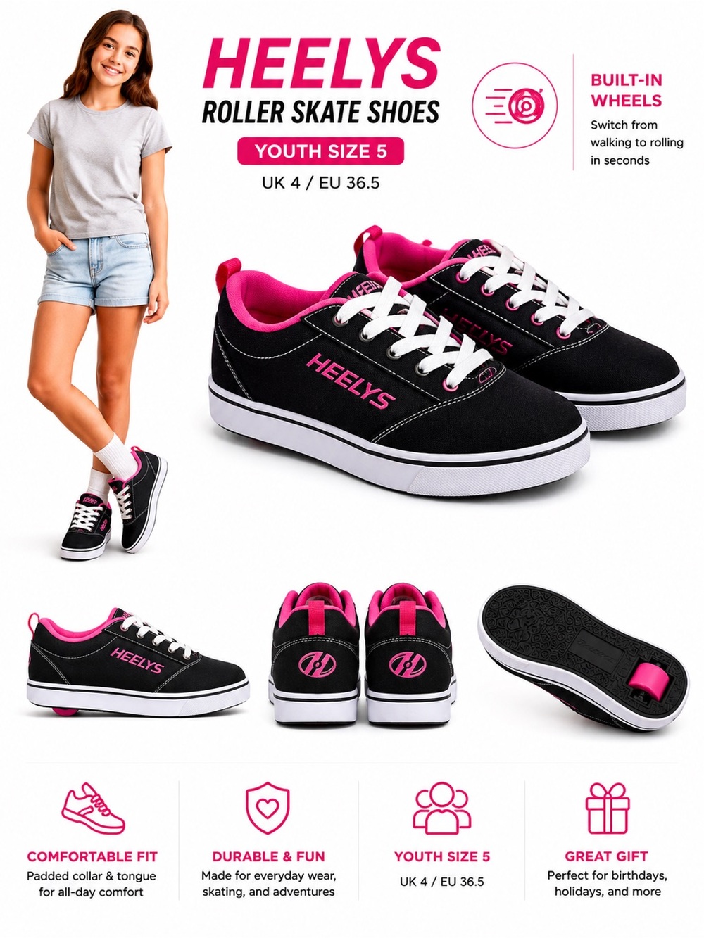 Heelys Black Pink Roller Skate Shoes Girls Youth Size 5 Sneakers